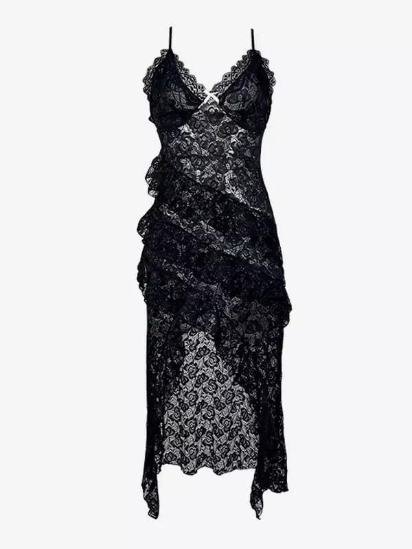 Black Lace Asymmetrical Babydoll Dress