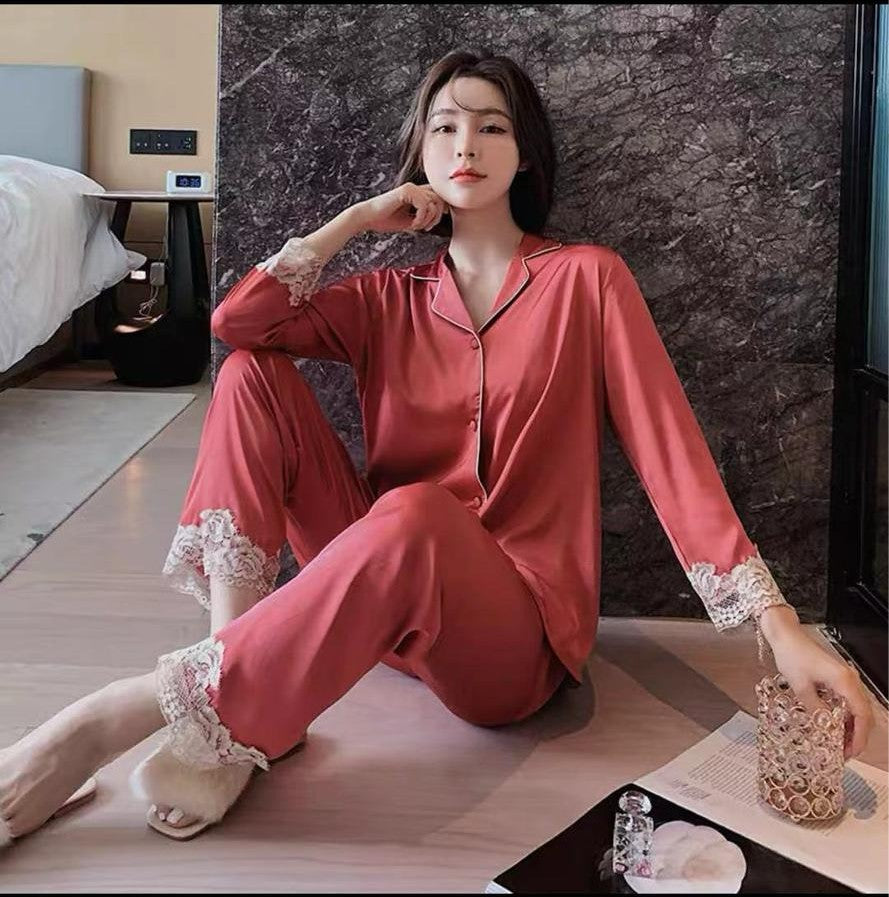 2-Piece Silk Night Suit – Luxuriously Soft with Elegant Lace Detailing
