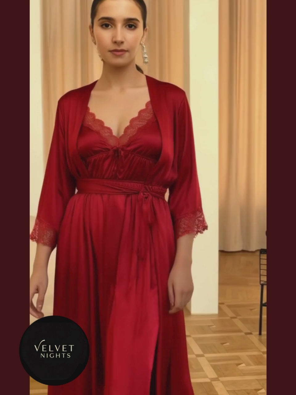 3-Piece Silk Night Suit with Lace Detailing